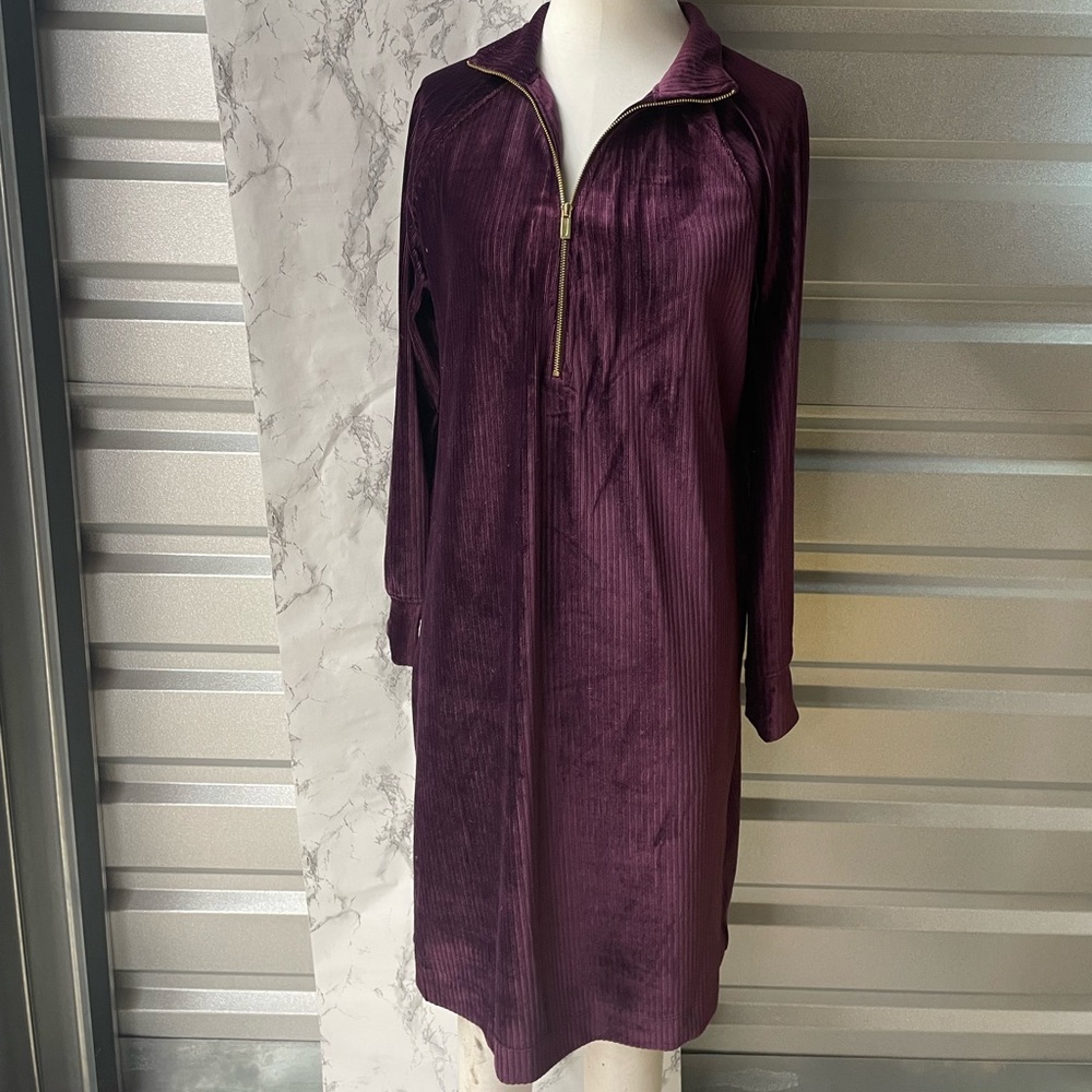 Sz 8 Eggplant Jones New York Signature Ribbed Dress w/ Gold Zipper Collar 💜